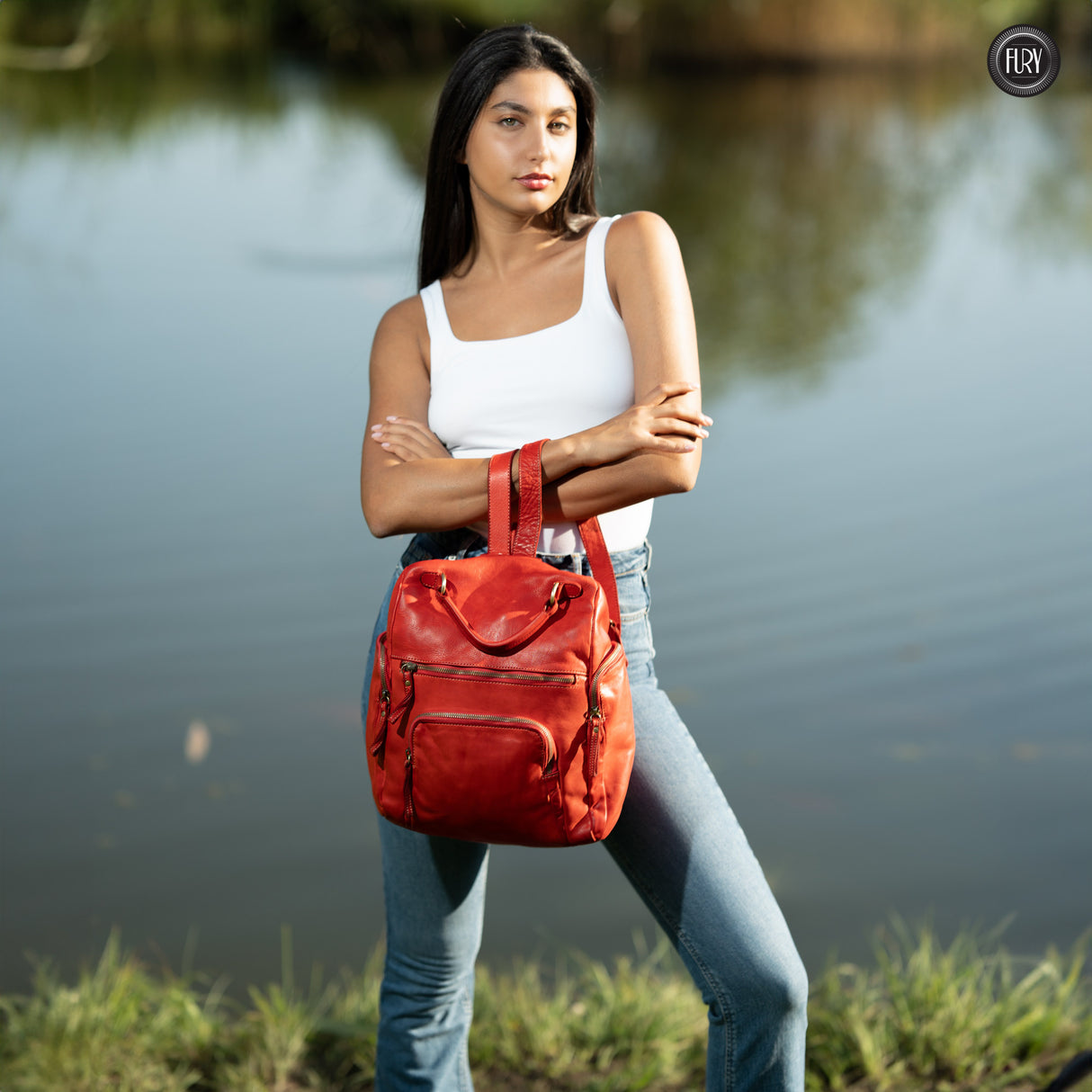 Multi-pocket leather backpack