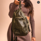 Multi-pocket leather backpack