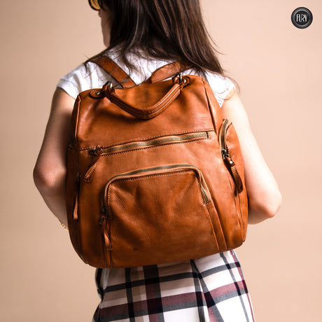Multi-pocket leather backpack