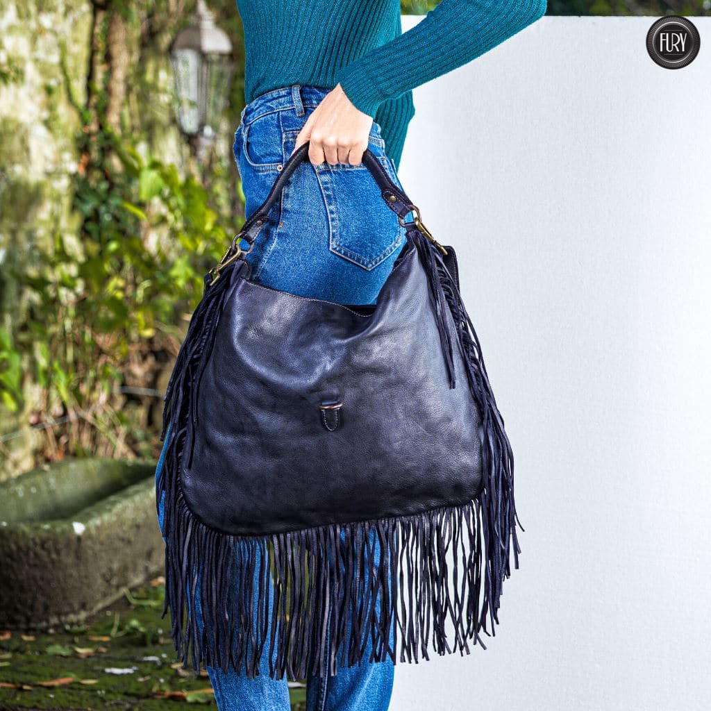 Borsa a spalla in pelle vintage con frange lunghe Fury Bags#colore_nero