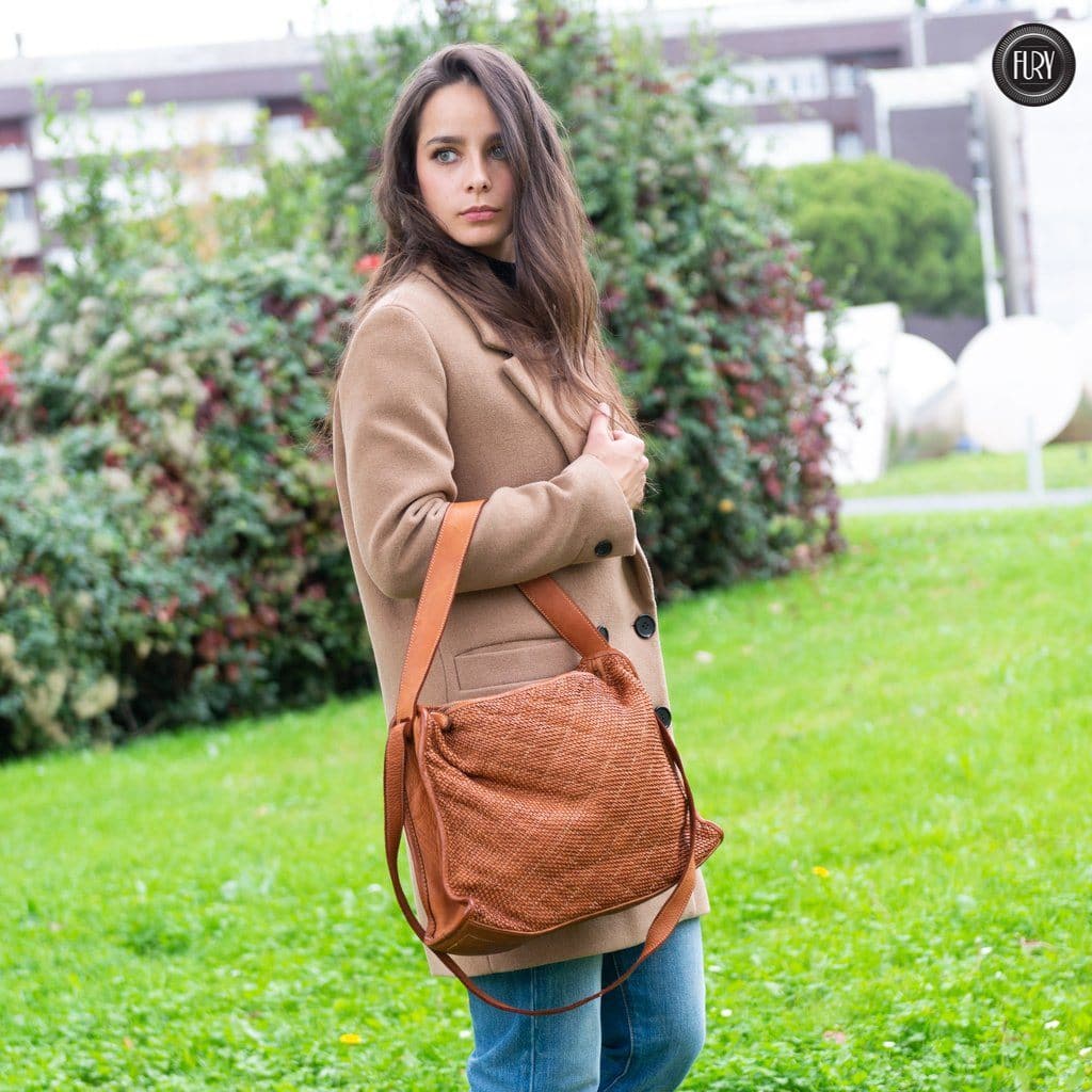 Borsa Rubi in pelle intrecciata Fury Bags#colore_cuoio