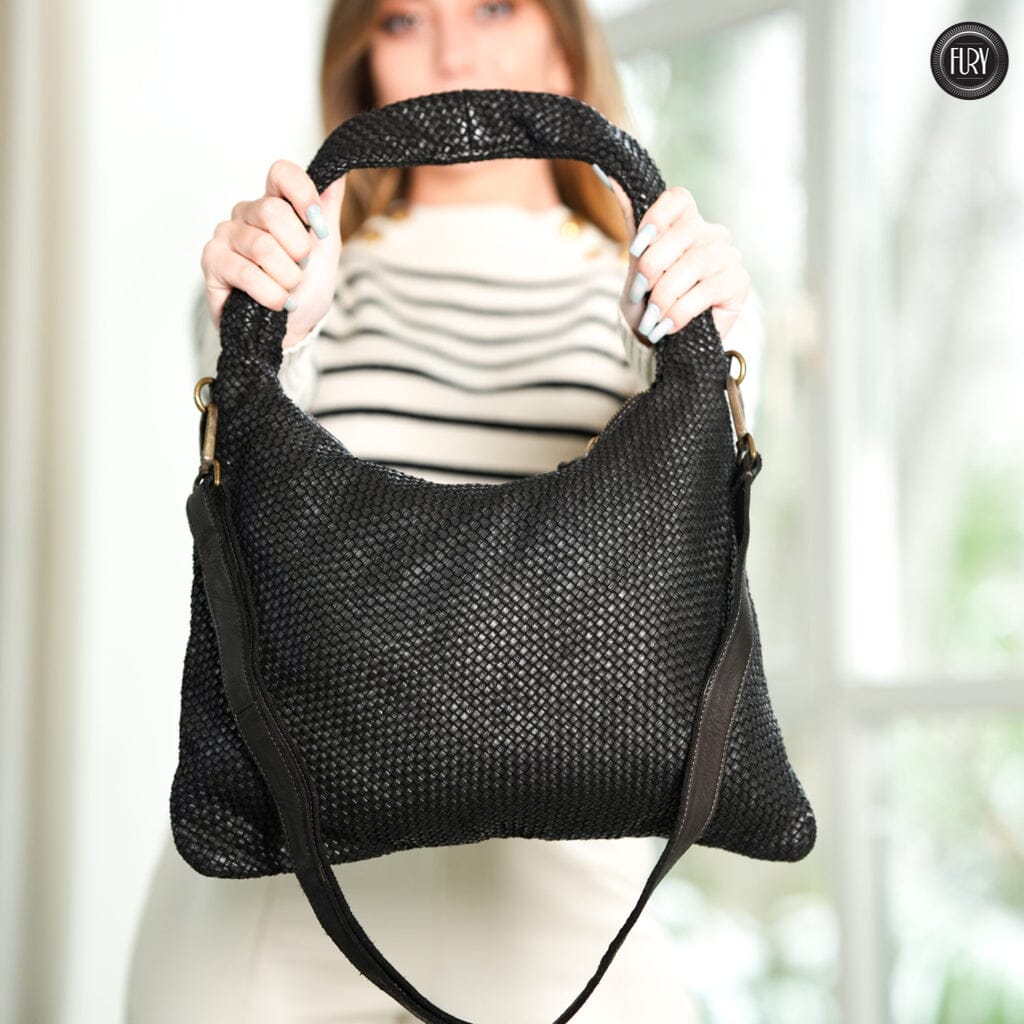 Borsa Venere a spalla in pelle intrecciata Fury Nero