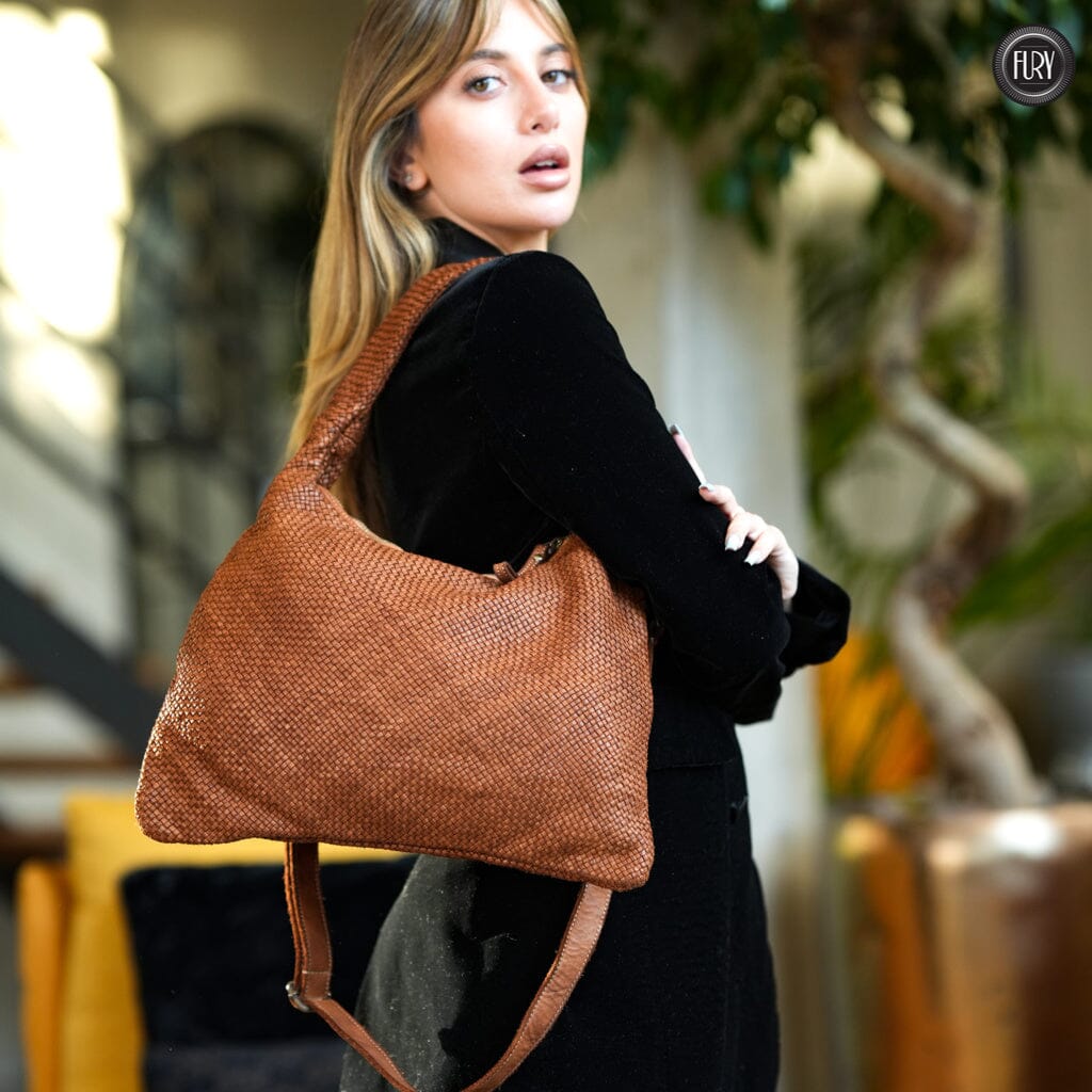 Borsa Venere a spalla in pelle intrecciata Fury Cuoio