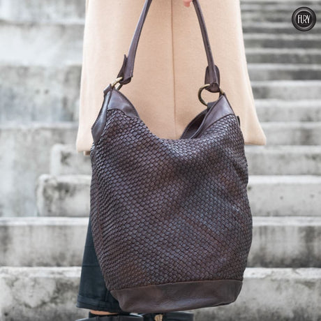 Secchiello Ket in pelle intrecciata Fury Bags#colore_testa-di-moro