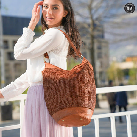 Secchiello Ket in pelle intrecciata Fury Bags#colore_cuoio